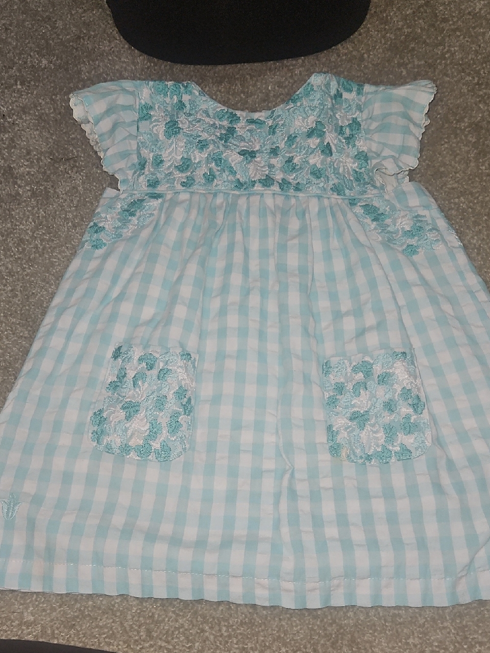 Girls' Light Blue Gingham Casual Dress with Floral Embroidery